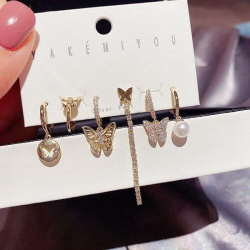 MIGGA 6pcs Mix Design Cubic Zirconia Butterfly Dangle Earrings Set Gold Color Statement Earrings for Women