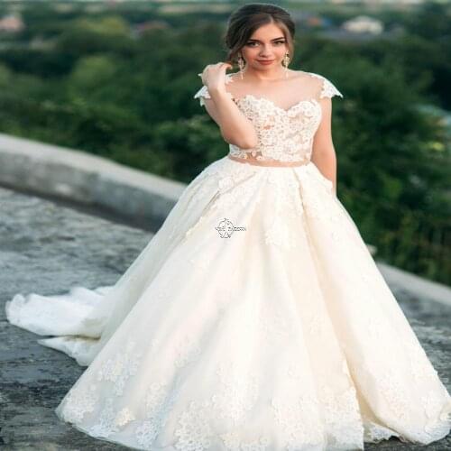 Vintage Cap Sleeves Lace Wedding-Dresses White Ivory Tull Skirt A Line Bridal Gown Vestido De Noiva