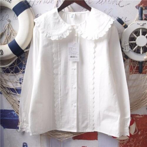 Japan Style Mori Girl Fresh Lace Peter Pan Collar Shirt Loose Cotton White Blouse Women