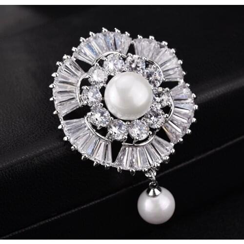 Vintage Silver Color Plated Flower Turkish Brooch Pin for Women Antique Scarf Overcoat Shawl with Imitation Pearl Brooches Pins