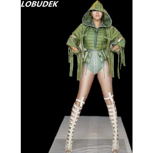 Bar Nightclub Women Singer DJ Costume Leading Dancer Jazz Hip Hop Performance Stage Outfit Army Green Bodysuit Tops Uniform