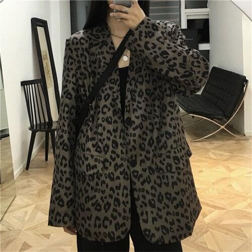 Spring Autumn 2021 Vintage Blue-gray Leopard Print Thin Blazers Khaki Women Coat Casual Loose Long Sleeve Suit Jacket Moda Mujer