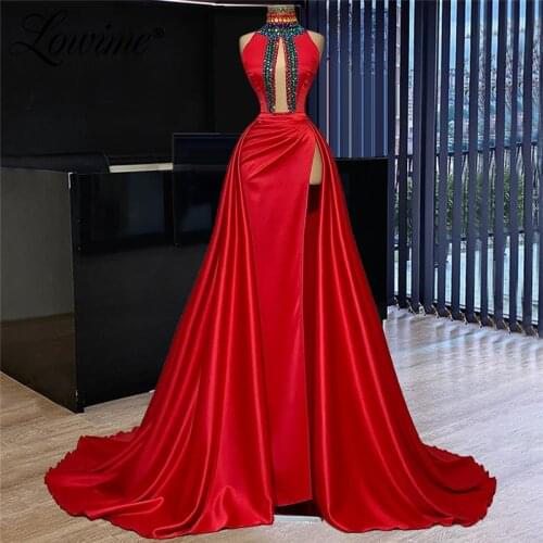 Lowime Red Long Prom Dresses Crystals Couture Evening Dress 2021 Plus Size Satin Elegant Dubai Arabic Women Party Gowns Vestidos