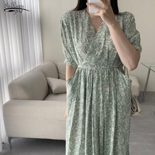 Summer Chiffon Floral V Neck Long Short-sleeved Women Dress Elegant Vintage Korean Fashion Office Ladies High Waist Dress 14785