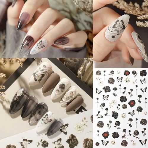 1 sheet Black Rose Nail Art 3D Stickers Nail Decals for Nails Flower Manicure Japanese Butterfly Design DIY Floral Accessories