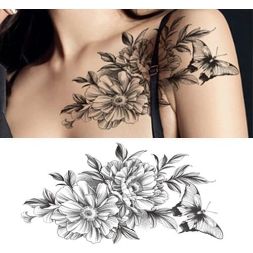 1 Pcs Girl Chest Plain Black Flowers Waterproof Temporary Tattoo Sticker Big Large Female Waist Art Dark Rose Fake Tattoo