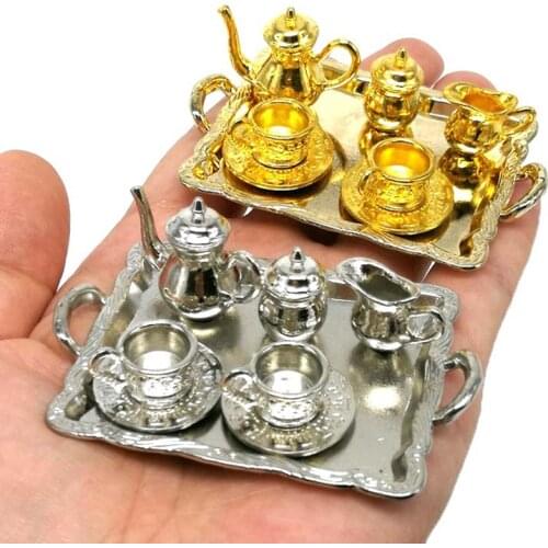 10Pcs/Set Miniature Metal Tea Doll House Furniture Miniature Dining Tableware Toy Doll House Teapot Cup Plate