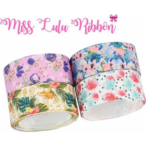 16mm-75mm Flower Series Green Leaves Purple Rose Printed Grosgrain/Foe Ribbon Hair Band Making 50yards/roll DIY Party Gift Decor