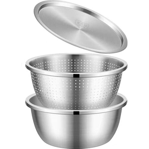 3PCS Set 304 Stainless Steel Bowl with Lid Strainer Kitchen Thicken Cooking Salad Mixing Bowls Set Washing Drain Soup Basin Bowl
