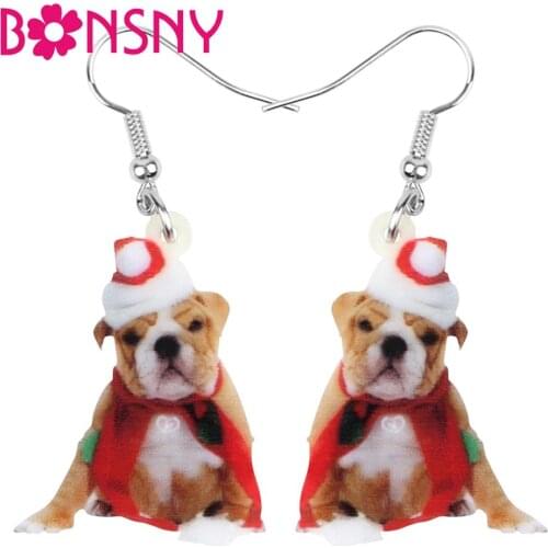 Bonsny Acrylic Christmas Hat Anime Bulldog Dog Earrings Drop Dangle Animal Pets Jewelry For Women Girl Teen Charm Gift Accessory