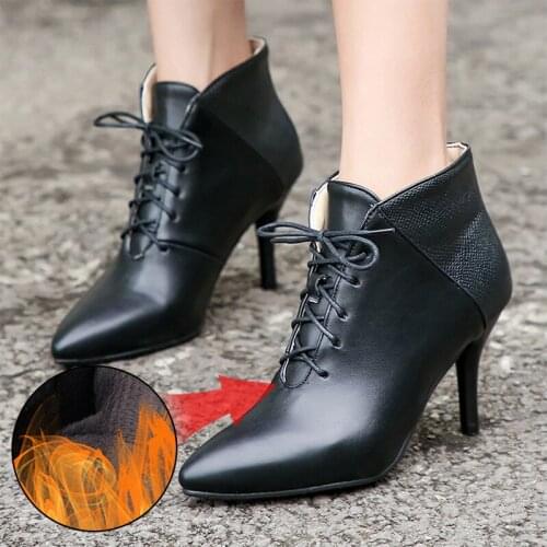 Large Size 46 48 Sexy Ankle Boots for Women Fashion High Heels Boot Women Lace Up Pointed Red Black PU Leather Winter Shoe Woman