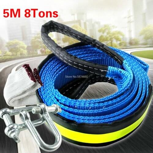 5M 8Tons Car Towing Rope Strape Cable With U Hooks Shackle High Strength Nylon With Reflective Light For Car Truck Trailer SUV