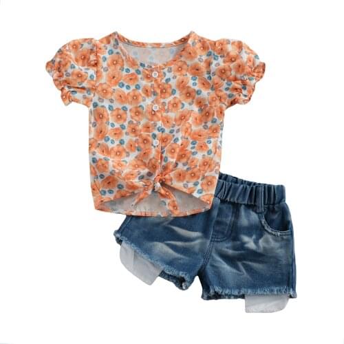 1-6Y Kids Girls Summer Clothing Short Puff Sleeve Orange Floral T shirt Blue Denim Shorts 2pcs Clothes Toddler Sets Outfit