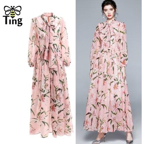 Tingfly Designer Runway Vogue Bowknot Collar Lily Flower Maxi Long Party Dinner Night Dresses Vintage Elegant Dress Vestiti Robe
