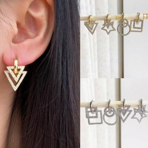 HECHENG 4styles 1pair Triangle circular square star Double Sided Geometry Hanging Earrings Shining CZ For Women Wholesale