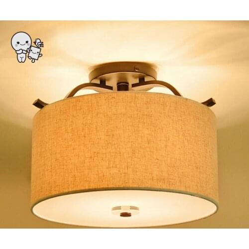Round Iron Fabric Shade Ceiling Light Fixture Vintage Country Plafon Lamp for Foyer Bedroom Study Room Balcony Hallway E27 Bulb
