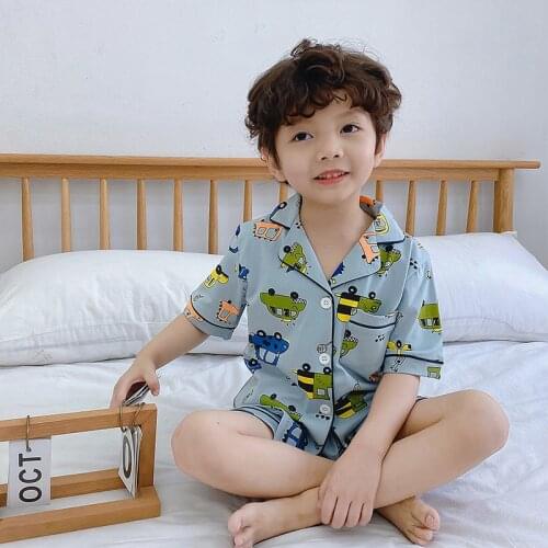 BINIDUCKLING Summer Boys Kids Pajamas Set Car Printed Short Sleeves Cotton Shirt+Shorts 2PCS For Boy Girls Pajamas Set 2T-8T