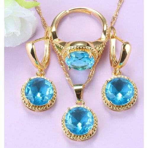 Mexican Jewelry Sets Round Blue Zirconia Gold Color Wedding-Party Trendy Costume Necklace And Pendant 9-Colors Women Sets