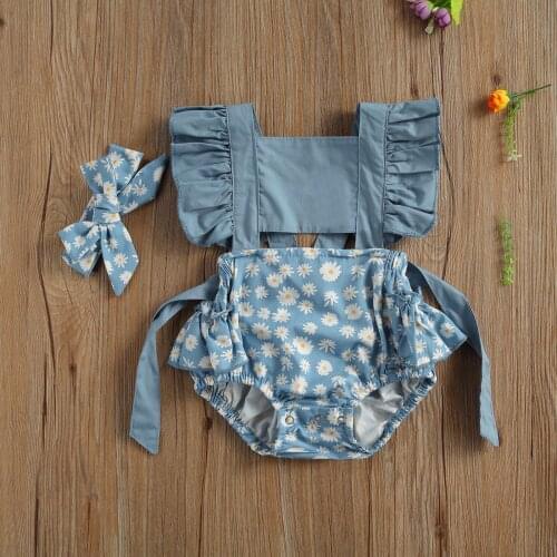 Newborn Baby Girls Boys Rompers Headband 2pcs Sunflowers Print Ruffles Short Sleeve Backless Jumpsuits