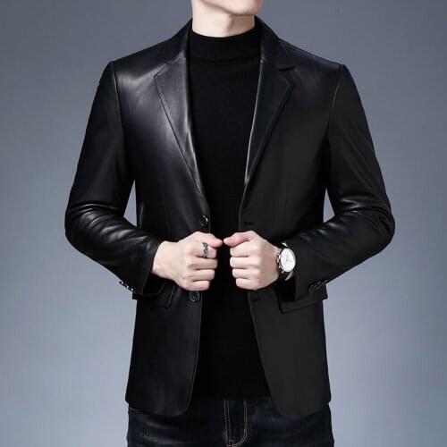 New autumn and winter young and middle-aged mens leather leather top layer sheep leather jacket stand collar jacket jacket blac