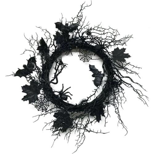 2021 New 45cm Artificial Halloween Wreath Creepy Spider Web Bats Wreath for Front Door Decoration Shopwindow