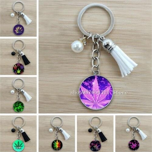 New Grass Leaf Keychain Glass Cabochon Car Bag Ornament Keychain Student School Bag Ornament Keychain Jewelry