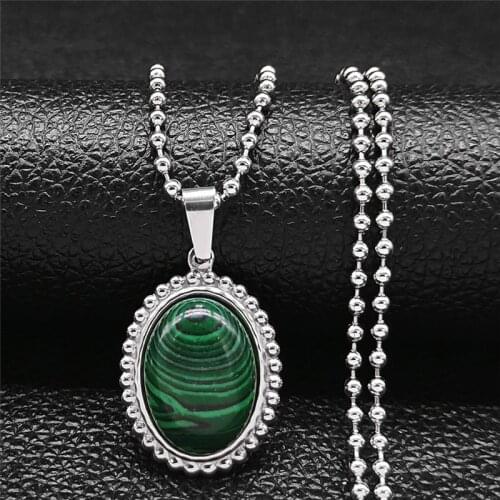 Green Stone Stainless Steel Necklaces for Women/Men Silver Color Oval Malachite Charm Necklaces Jewelry cadenas mujer N4519S05