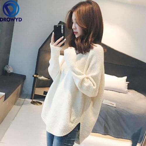 2021 Lazy Wind Pullover Sweater Women Loose Outer Wear Knitted Top Long Sleeve Winter Thick V-neck Pullover Fashion White Top