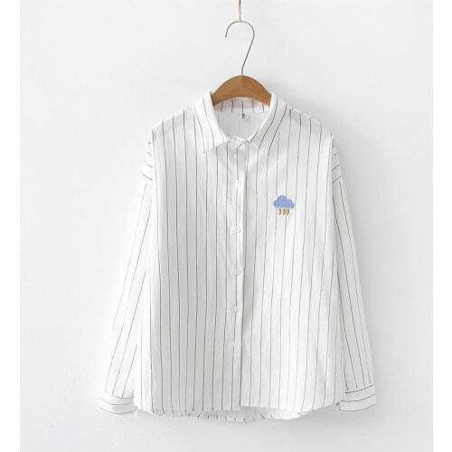 Autumn Summer Women Striped Shirts Turndown Collar Yellow Pink Black Loose Blouse Female Weather Sign Embroidery Cotton Shirt