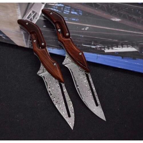 Outdoor Huntingsteel head Damascus steel folding knife Rosewood handle hardness 60HRC outdoor knife EDC Tool