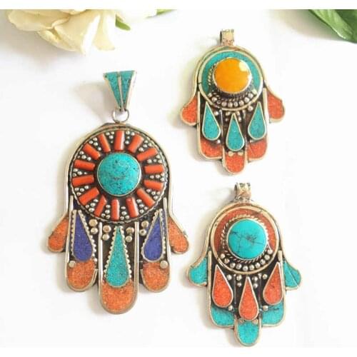 TBP301 Tibetan Buddha Hand Amulet Pendants Nepal Hand Vintage Jewelry Copper Inlaid Colorful Stone