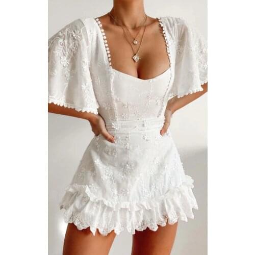 TEELYNN Flare Short Sleeve Cotton Lace Mini Dresses Women Vintage Floral Embroidery Ruffles Summer Dress Party 2021 Boho Robe