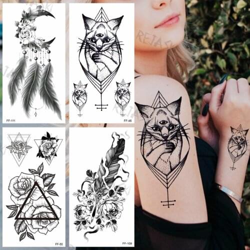 Black Cat Temporary Tattoos For Women Girls Realistic Moon Feather Geometric Dahlia Fake Tattoo Sticker Sexy Arm Tatoos Body DIY