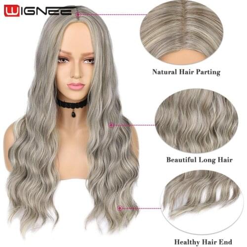 Wignee Ombre Ash Grey Hair Middle Part Long Wave Heat Resistant Synthetic Wigs For Black Women American Natural Fiber Hair Wigs