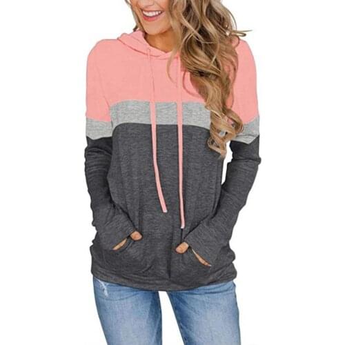 Women Hoodie Patchwork Hooded Loose Color Block Drawstring Top Sports Pullover Sweatshirt Ladies Hooded Blouse for Daily Wear