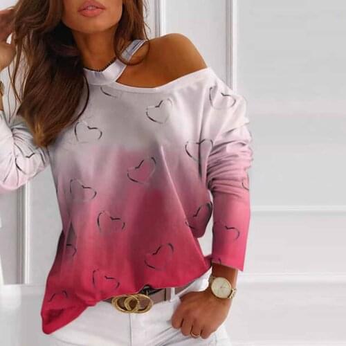 Shirts Women Strapless Love Printed Gradient Pullover Elegant Splicing Long Sleeves Tops Spring Harajuku Basic Blouses кофта