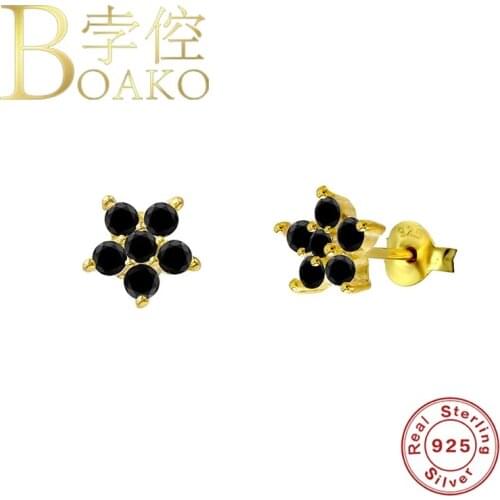 BOAKO 925 Sterling Silver Stud Earrings For Women Lotus Petals Black Zircon Earring Luxury Earings S925 Jewelry Arete Pendiente