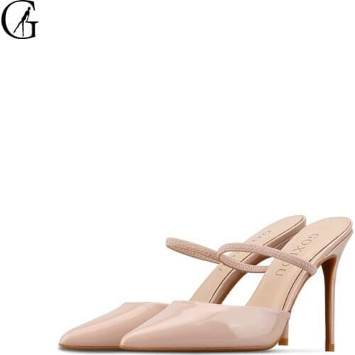 GOXEOU Womens Pumps Patent Leather Nude Black White Pointed Toe High Heels Party Fashion Office Lady Sandals Slippers Size32-46