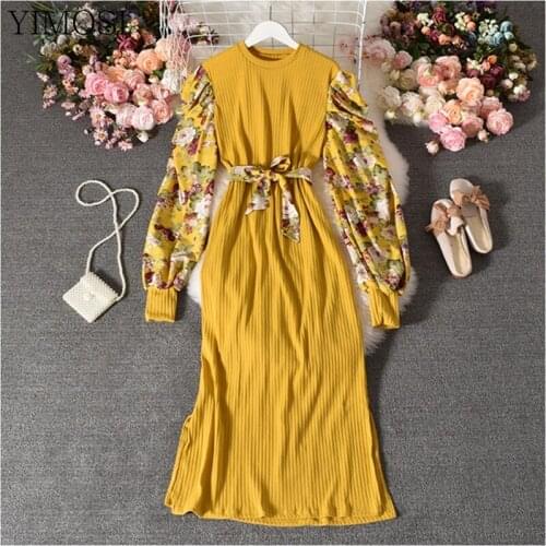 2021 Korean Elegant Knitted Long Maxi Dress Ladies Floral Sleeve Patchwork Pleated Dress Korean Slim Maxi Dress