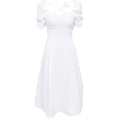 Women Summer Solid Color Butterfly Decoration Square Collar Puff Sleeve Cross Strap A-line Dress