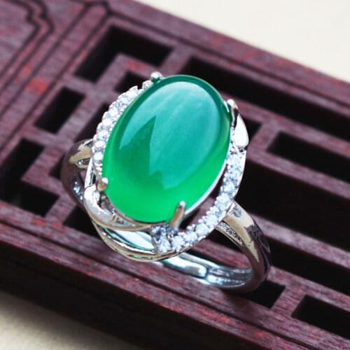 Women S925 Sliver Ring Green Agate Chalcedony Eggs Rings Inlaid Zircon Gift for Womens Fine Jewelry Adjustable finger ring