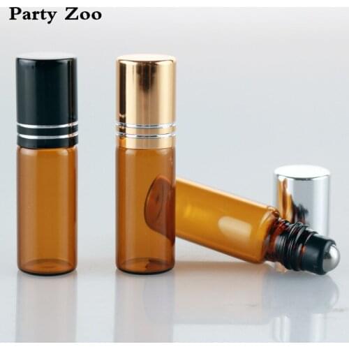 150 X 5ml Thick Amber Glass Empty Refillable Perfume Roll On Bottle With Stainless Steel Roller Ball & Line Screw Caps Wholesale