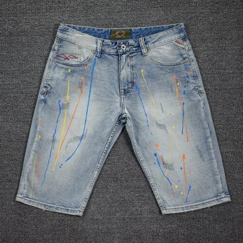 American Street Style Fashion Summer Jeans Men Retro Light Blue Ripped Short Jeans Men Painted Designer Hip Hop Denim Shorts