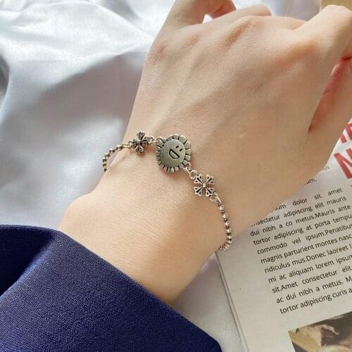 925 Sterling Silver Bracelet Retro Sun Flower Cross Chain Bracelet Trendy Womens Jewelry Party Bracelet wedding bracelet