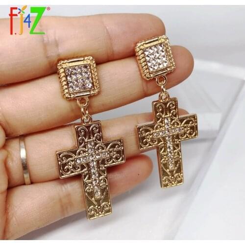 F.J4Z New Golden Cross Dangle Earrings Ethic Sparkling Crystal Geometric Earrings Pop Ladies Party Earrings Gifts dropshiop