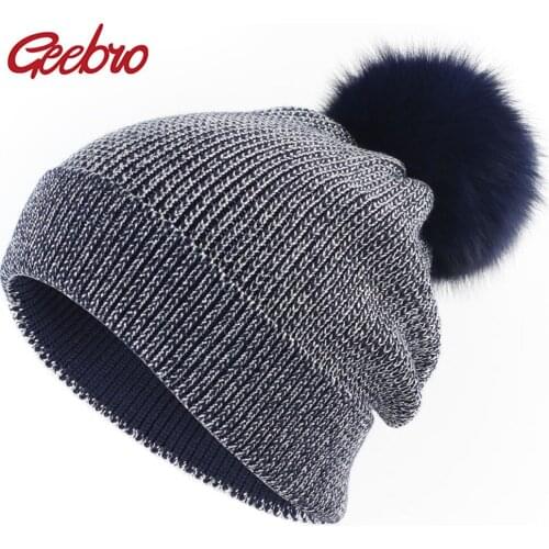 Geebro Womens Beanie Hat with Fox Pompom Winter Knitted Slouchy Beanie for Women Female Skullies with Real Fur Pompom DQ841A
