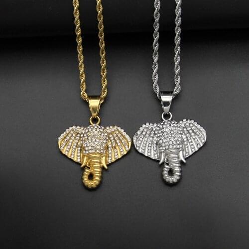 Stainless Steel Hip Hop Vintage Animal Elephant Zircon Stone Pendant Necklace Jewelry Gift For Him with Rope Chain