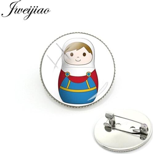 JWEIJIAO New Japan Russian Doll Metal Pin Badge Matryoshka Dolls Art Picture Glass Cabochon Brooch For Kids Gift TW26