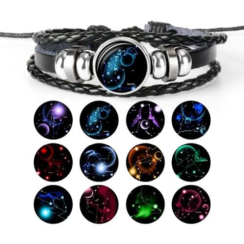 12 Zodiac Constellation Time Gem Stone Leather Hand Woven Bead Pisces Scorpius Bracelets Birthday Gift For Men