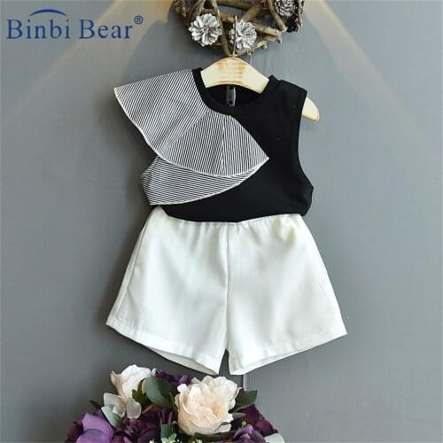 Summer Childrens Fashion Clothing Girls Suit Net Red Irregular Top Shorts Two-piece Set With Belt Kids Baby Clothes Pour Filles